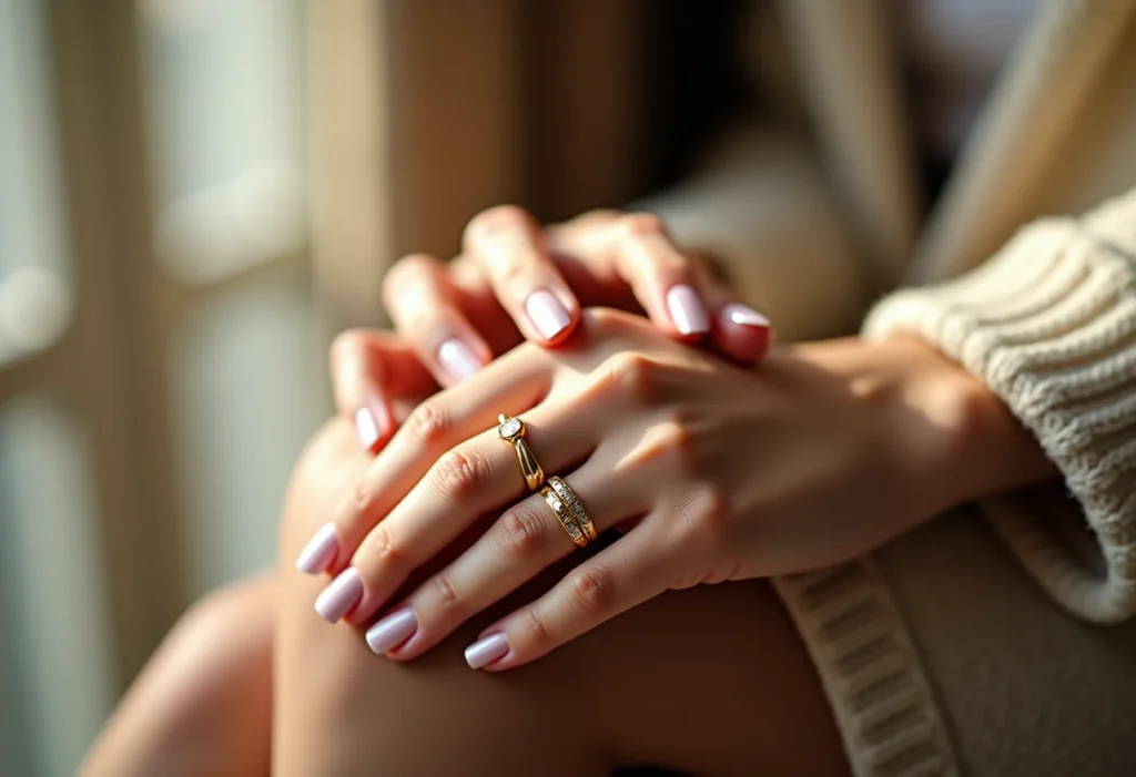 Unhas decoradas simples e elegantes com anéis dourados