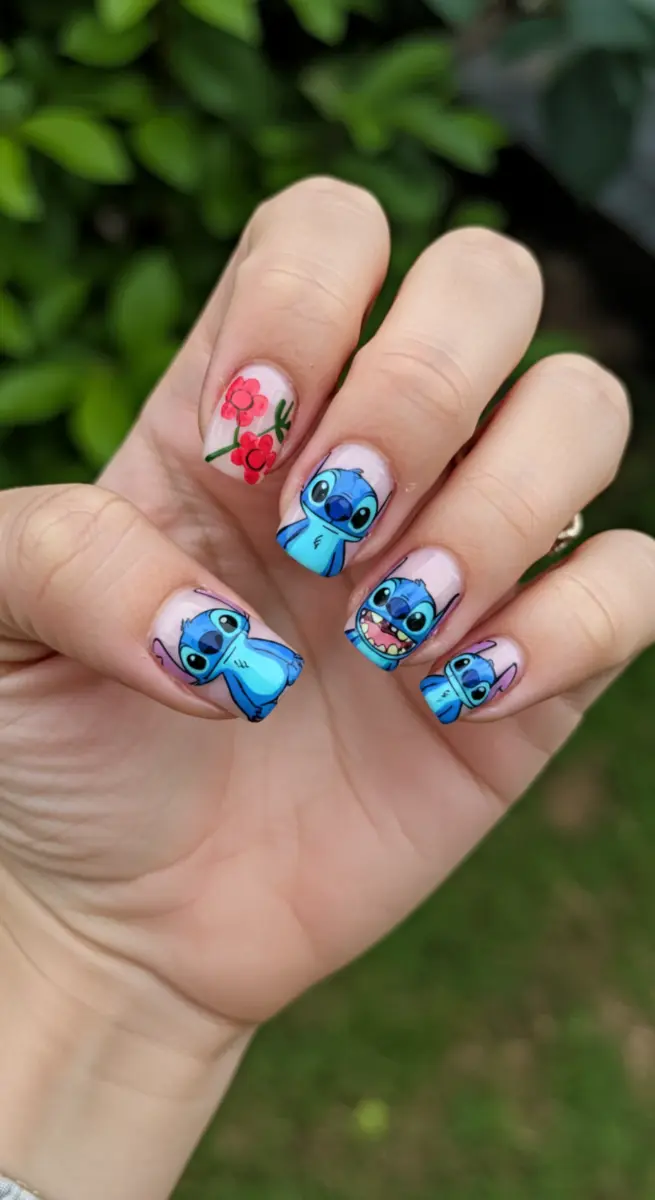Aquarela Azul: Unhas que Parecem Pintadas à Mão com a Magia do Stitch - inspiração