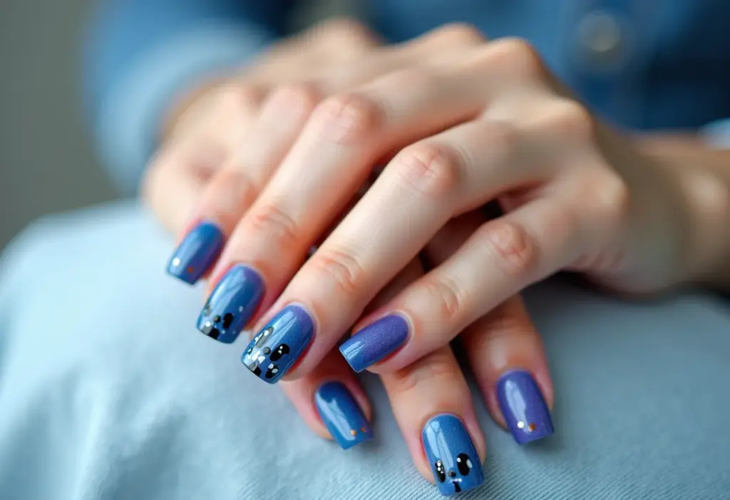 Unhas decoradas Stitch em mãos femininas sobre tecido jeans.