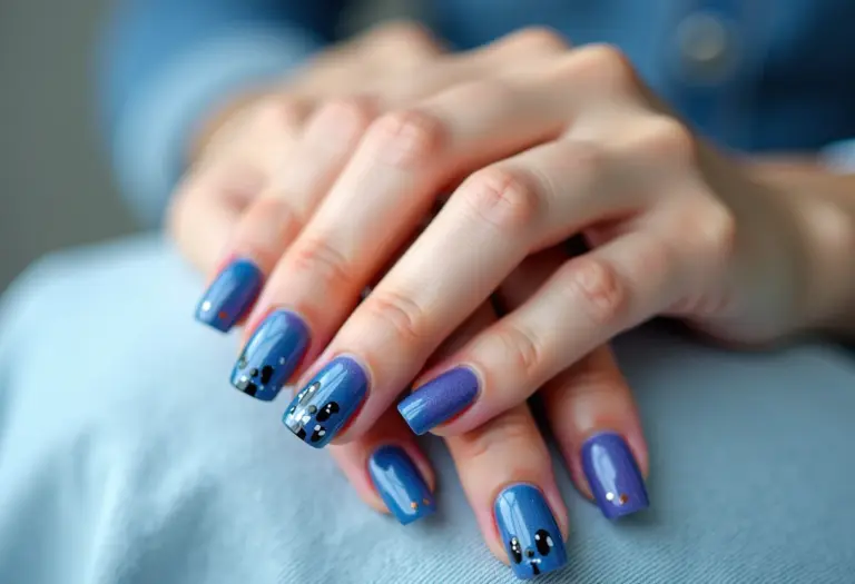 Unhas decoradas Stitch em mãos femininas sobre tecido jeans.