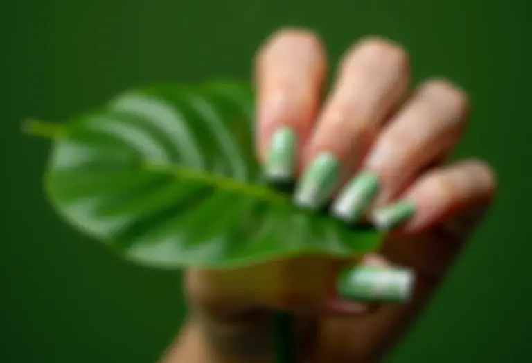 Unhas decoradas verde e branco segurando folha de monstera