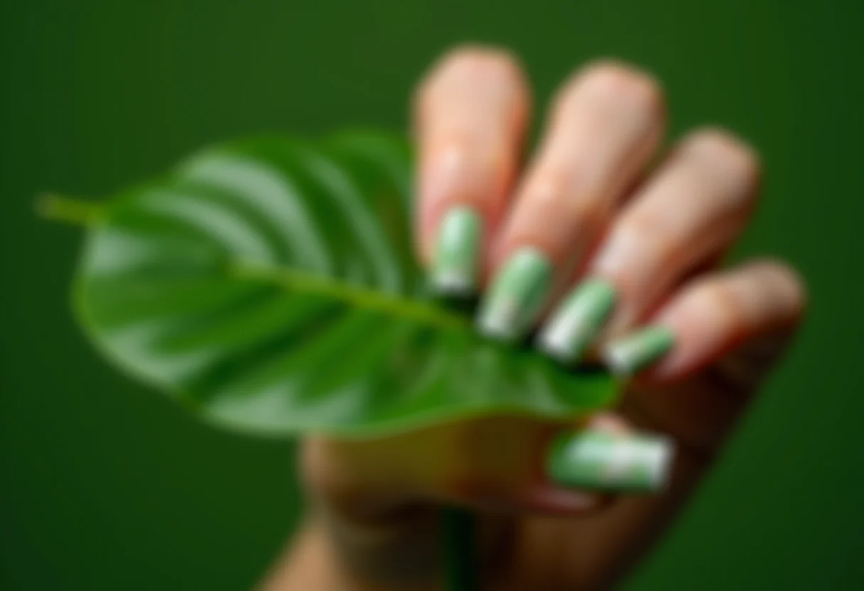 Unhas decoradas verde e branco segurando folha de monstera