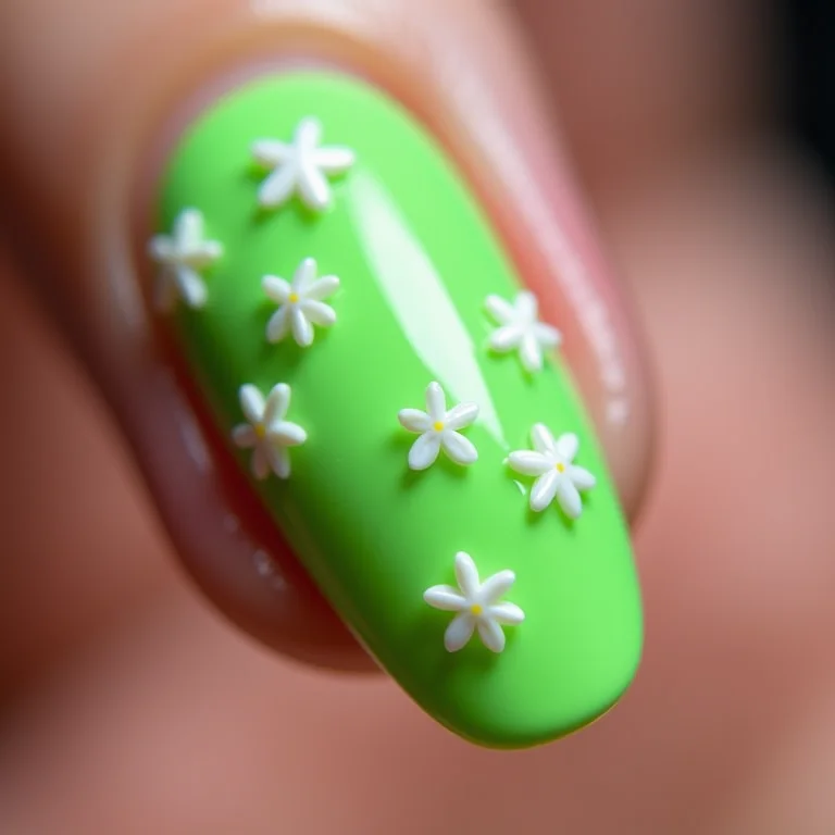Unhas decoradas verde neon com flores brancas