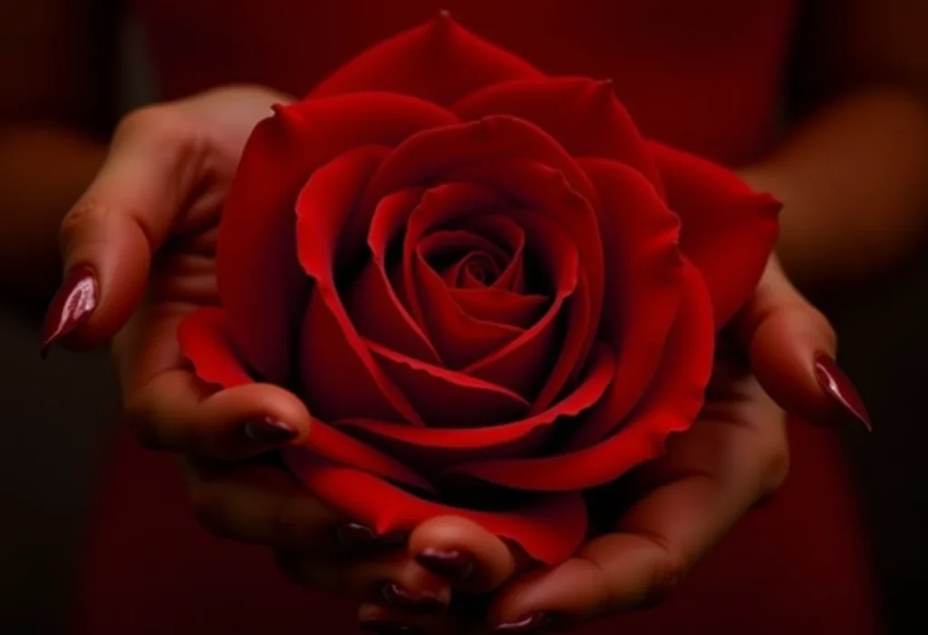Unhas decoradas vermelho e preto segurando rosa vermelha