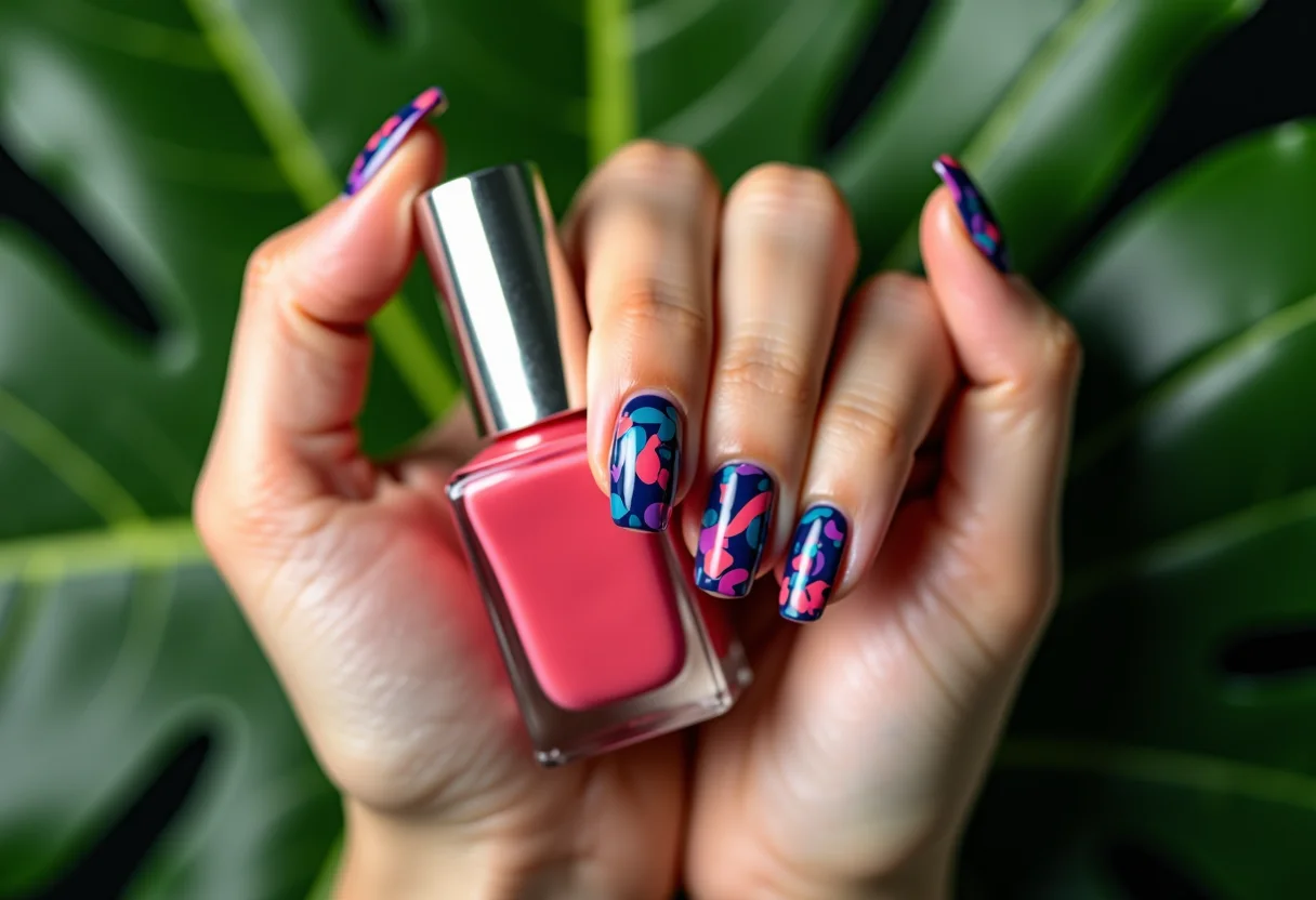 Unhas decoradas virais do TikTok segurando folha de monstera.