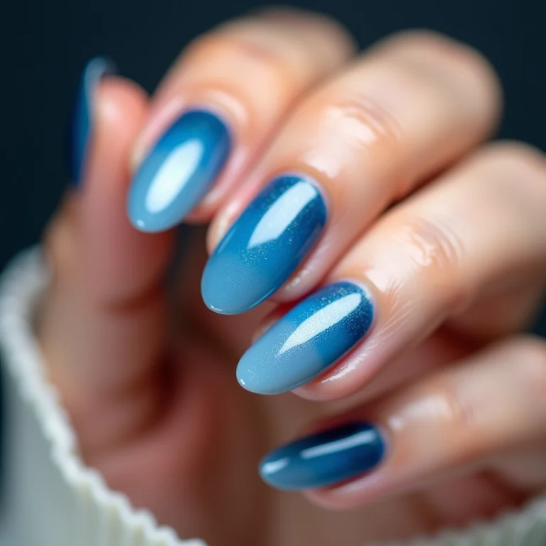 Unhas degradê azul claro e escuro