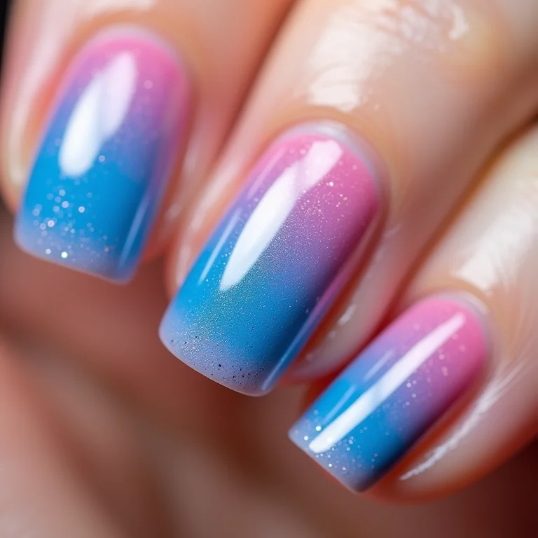 Unhas degradê azul e rosa com glitter