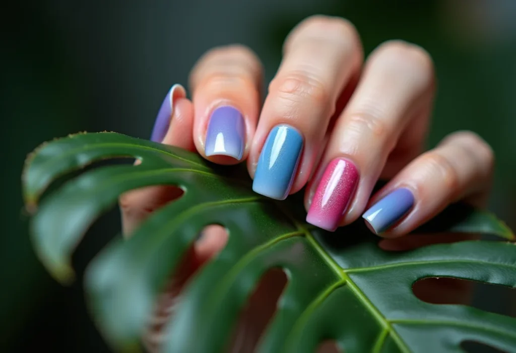 Unhas degradê azul e rosa: o segredo para um visual moderno Unhas degradê azul e rosa tocando folha de monstera
