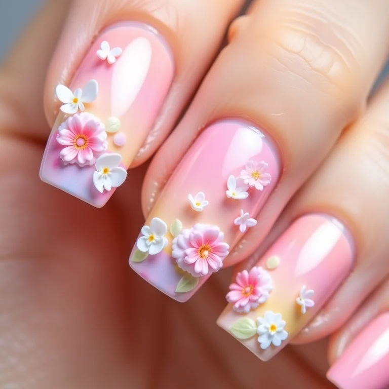 Unhas degradê com flores e borboletas