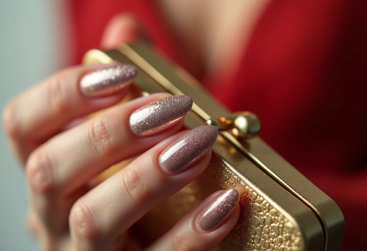 Unhas degradê com glitter prata segurando clutch dourada