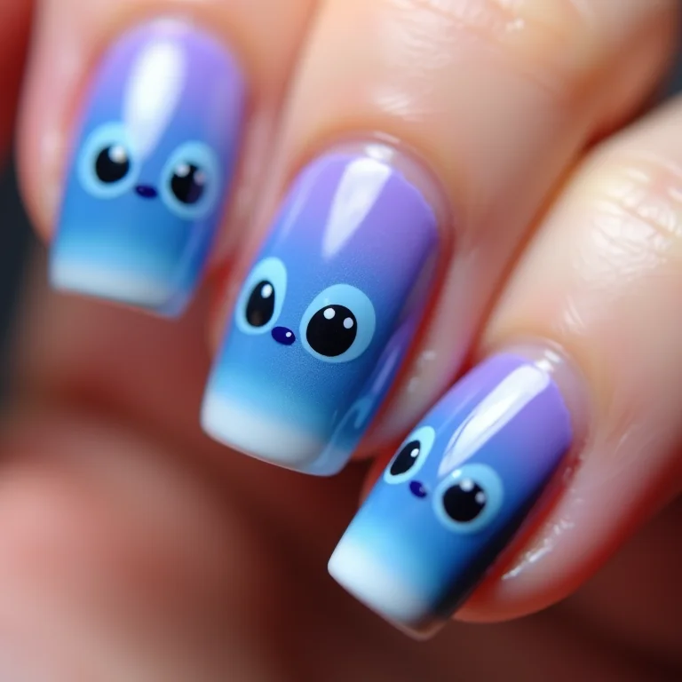 Unhas degradê com olhinhos do Stitch.