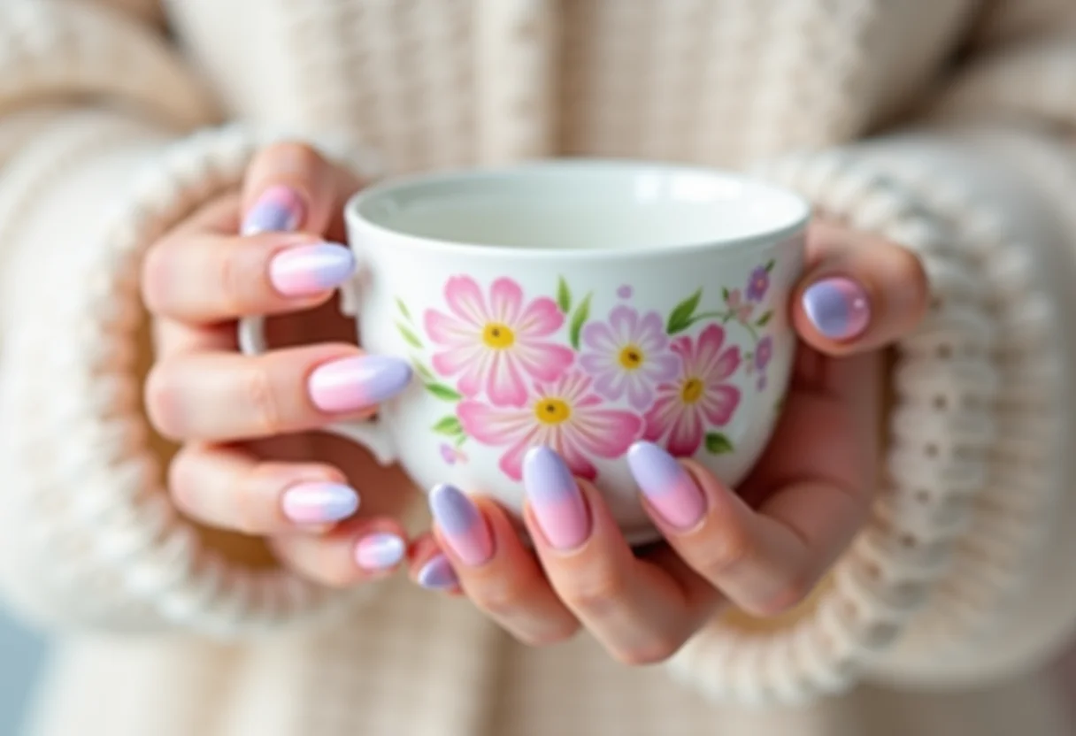 Unhas degradê em tons pastel com xícara de chá