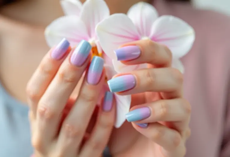 Unhas degradê em tons pastel segurando orquídea branca
