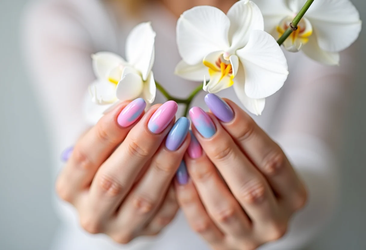 Unhas degradê em tons pastel segurando orquídea branca
