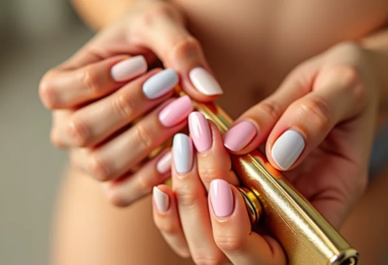 Unhas degradê pastel segurando clutch dourada
