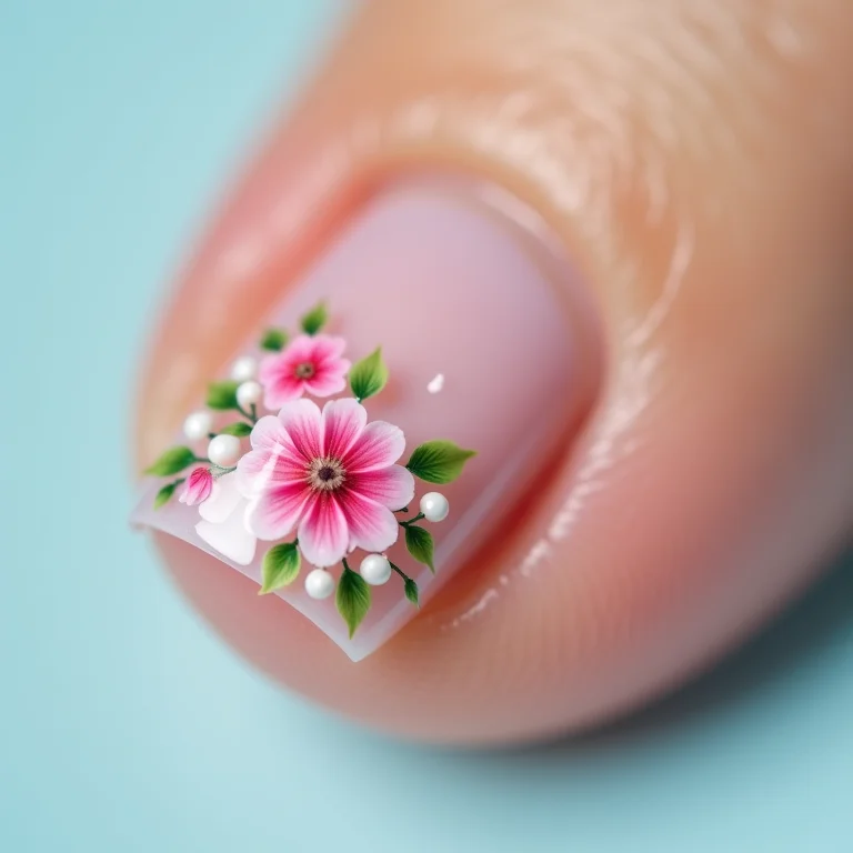 Unhas do pé decoradas com flores delicadas.