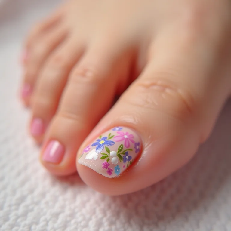 Unhas dos pés com decoração floral delicada