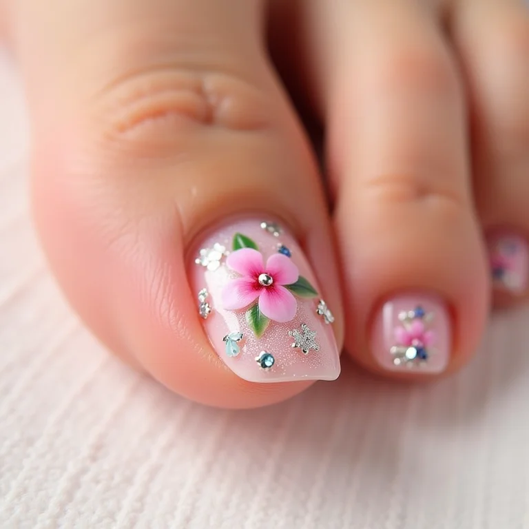 Unhas dos pés com flores delicadas