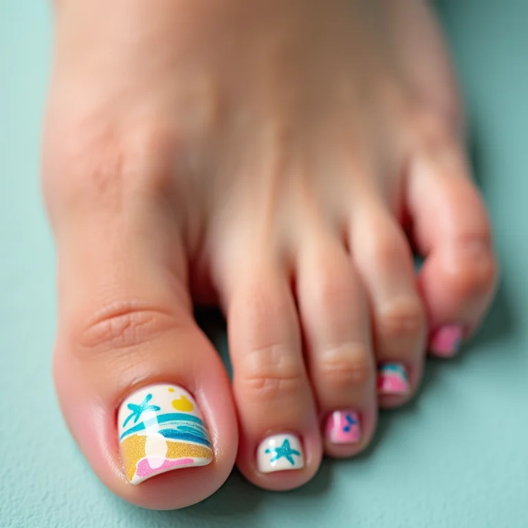 Unhas dos pés decoradas com tema de praia.