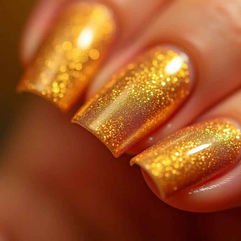 Unhas douradas com glitter para o Ano Novo