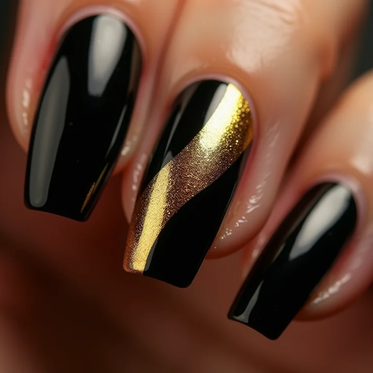 Unhas douradas e pretas com design elegante