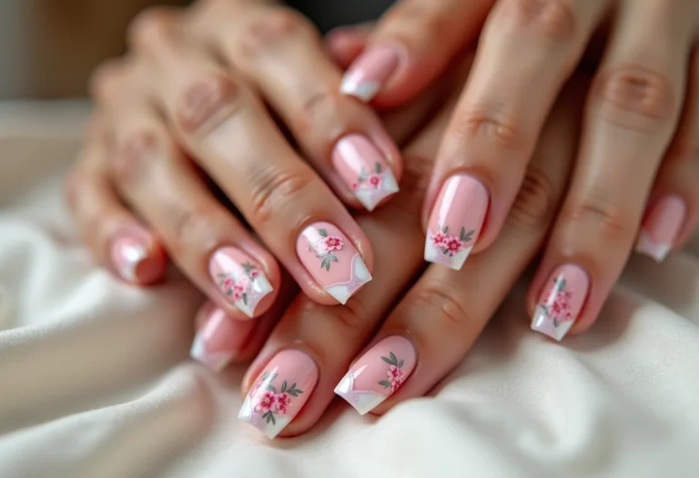 Unhas em gel decoradas com flores sobre linho