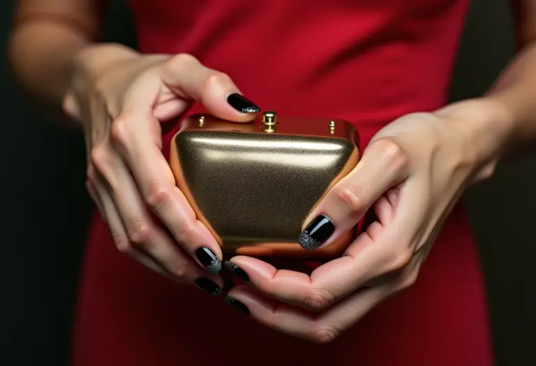 Unhas em gel pretas com glitter prata segurando clutch dourada