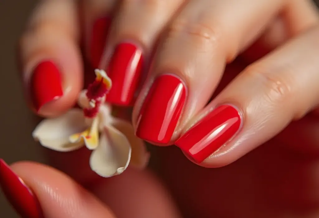 Unha Encapsulada Vermelha: O segredo para durabilidade e brilho Unhas encapsuladas vermelhas segurando orquídea branca