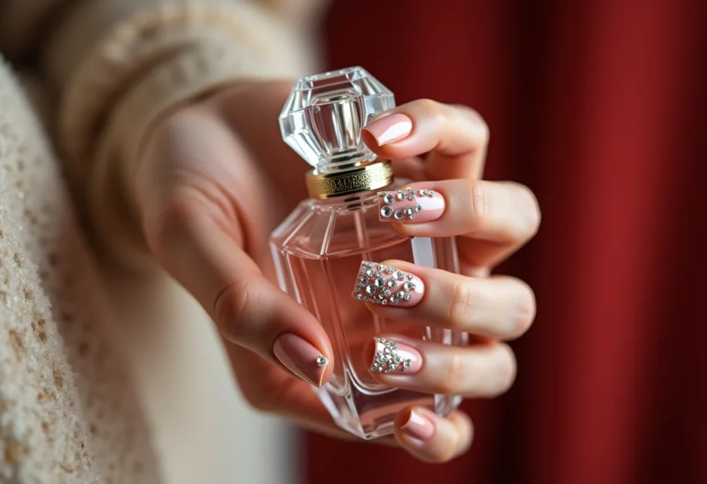 Unhas estileto decoradas com strass segurando frasco de perfume