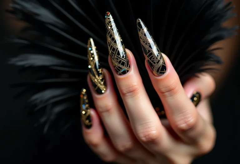 Unhas estileto extravagantes com folha de ouro e cristais