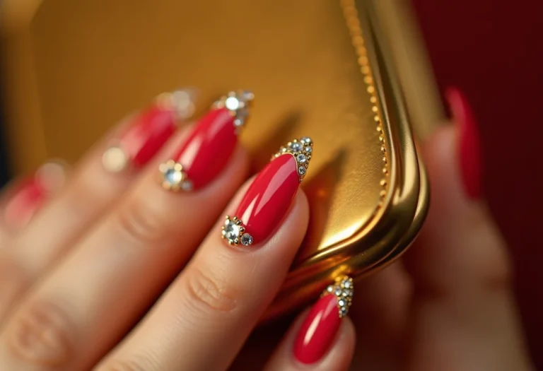 Unhas estiletto decoradas com joias segurando clutch dourada