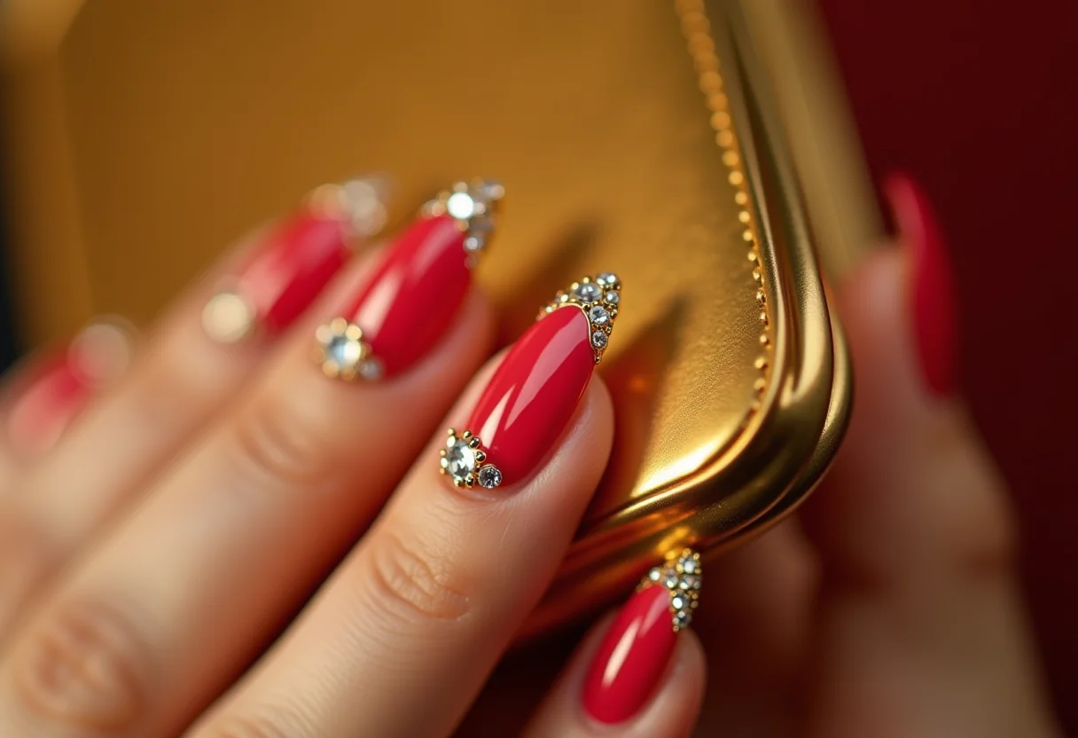 Unhas estiletto decoradas com joias segurando clutch dourada
