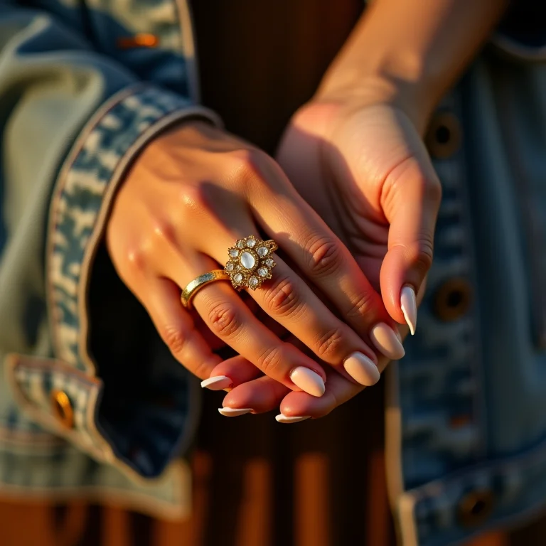 Unhas festivas douradas para o Ano Novo 2026 com jaqueta jeans