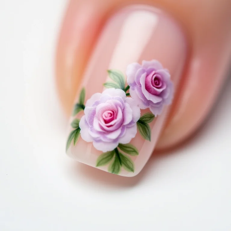 Unhas florais com rosas em tons pastel