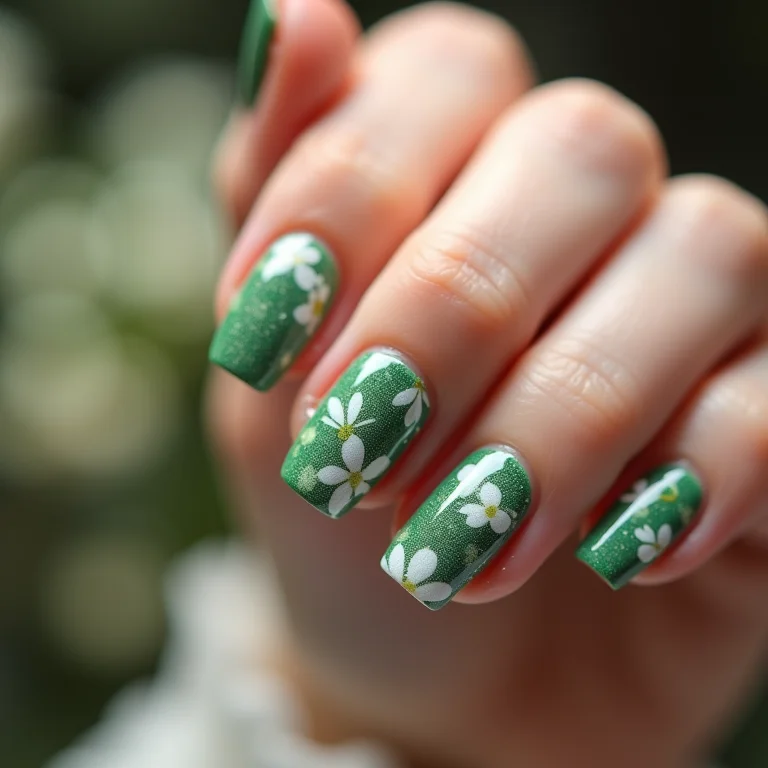 Unhas florais delicadas em verde e branco em close