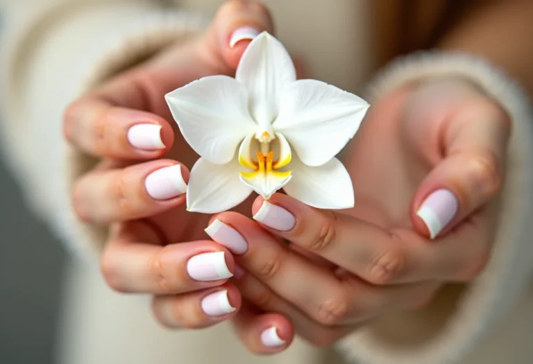 Unhas francesinhas brancas segurando orquídea branca