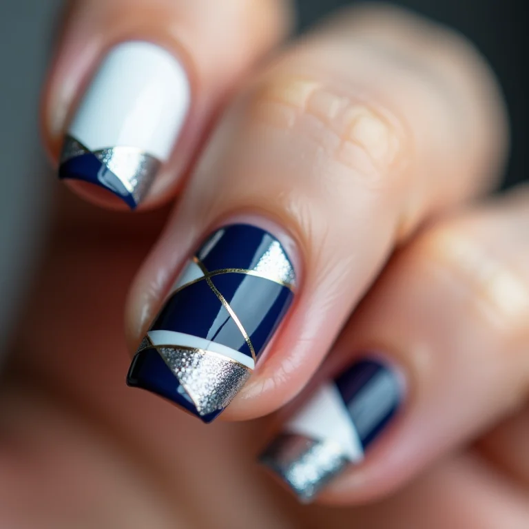 Unhas geométricas azul, branco e prata