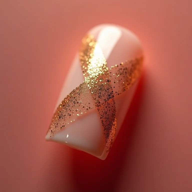 Unhas geométricas com detalhes em glitter dourado.