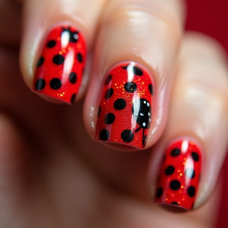 Unhas geométricas com joaninhas