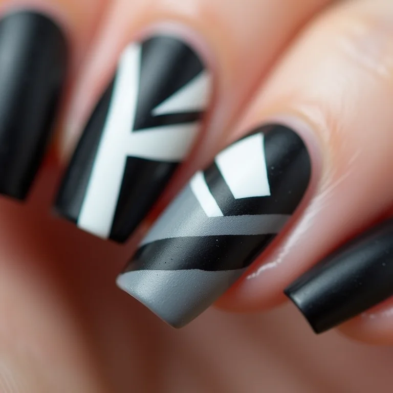 Unhas geométricas com linhas pretas e brancas