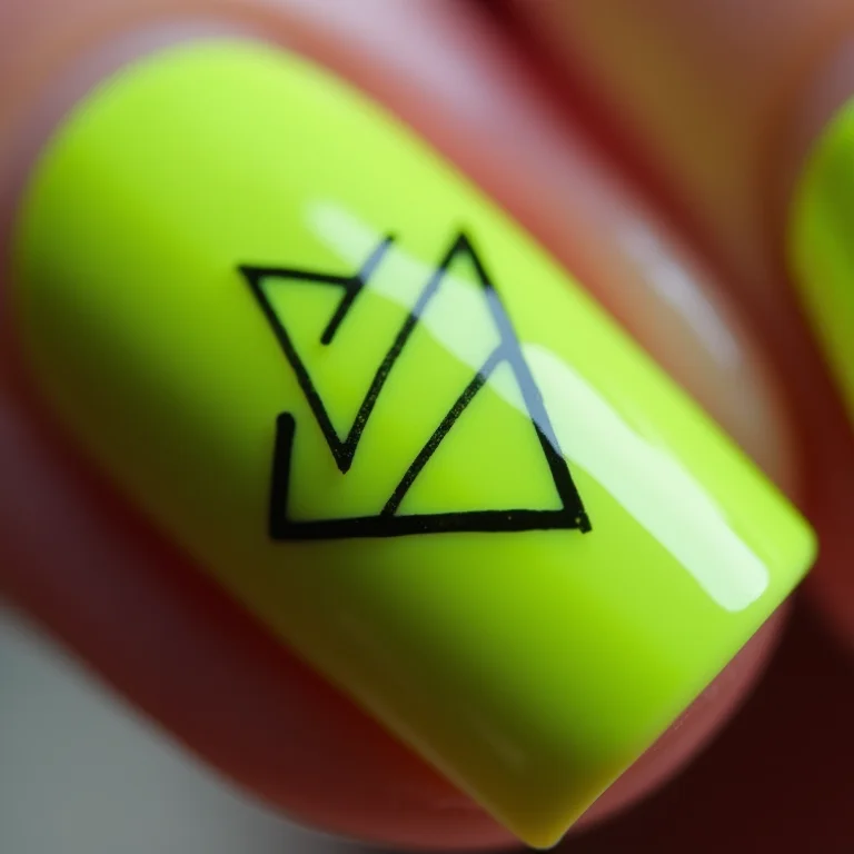 Unhas geométricas verde neon com triângulos e linhas
