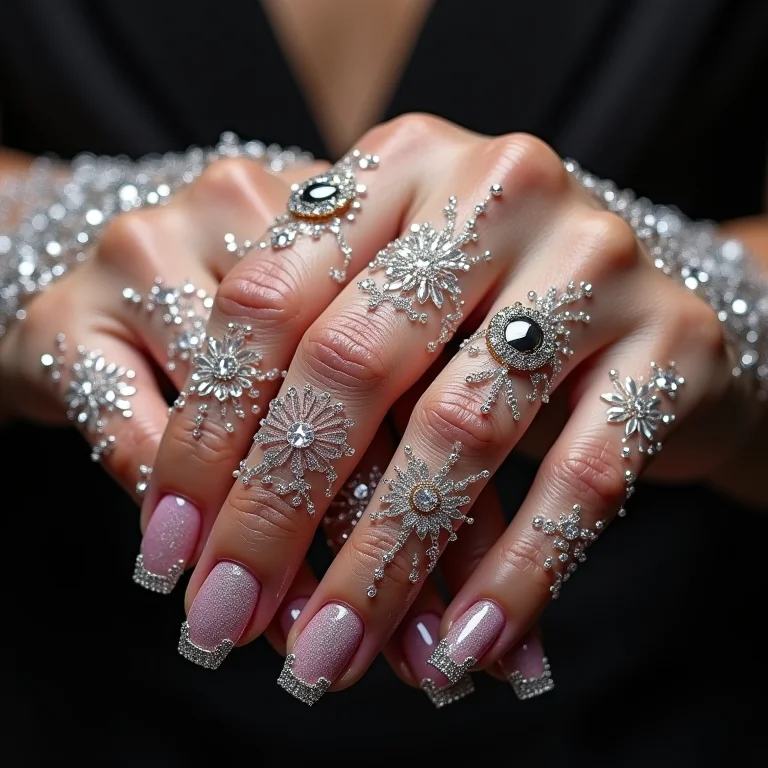 Unhas inteiras cobertas com cristais brilhantes