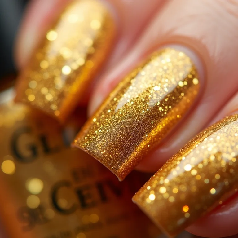 Unhas inteiras com glitter dourado