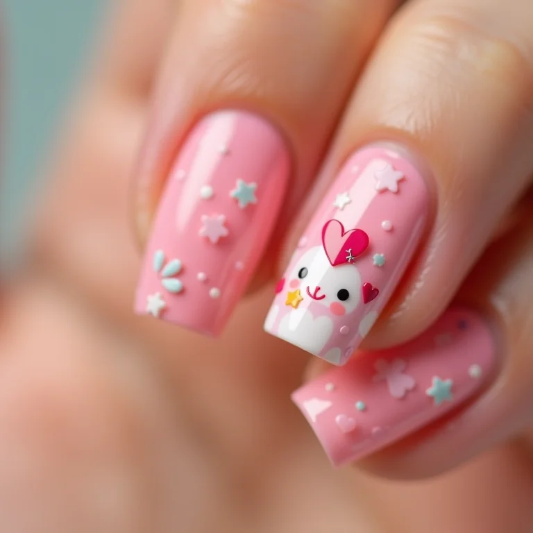 Unhas kawaii decoradas com corações e estrelas