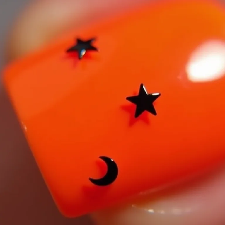 Unhas laranja com adesivos temáticos pretos