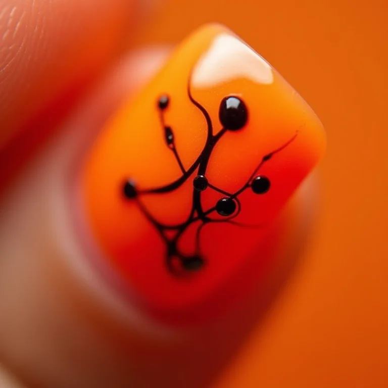 Unhas laranja com efeito marmorizado em preto