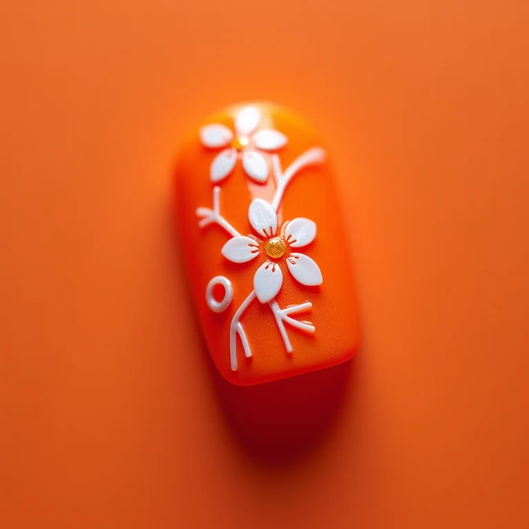 Unhas laranja com flores brancas