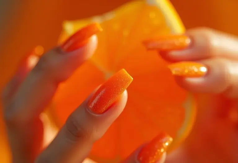 Unhas laranja degradê segurando fatia de laranja