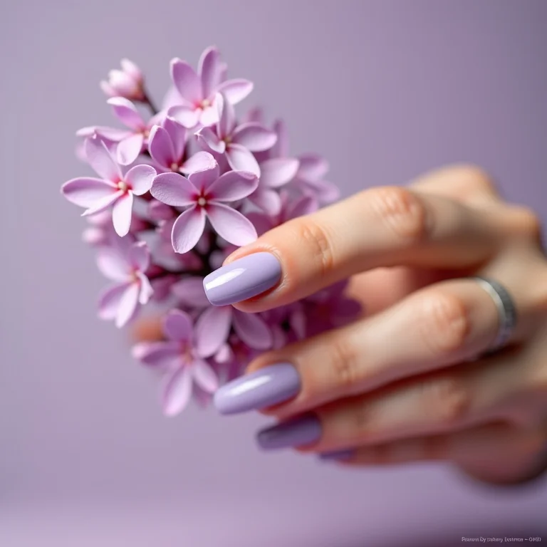 Unhas lilás claro tocando uma flor de lilás