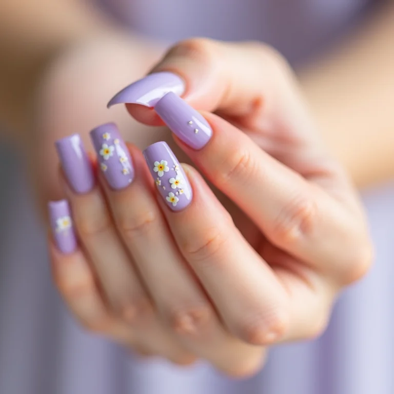 Unhas lilás com flores delicadas